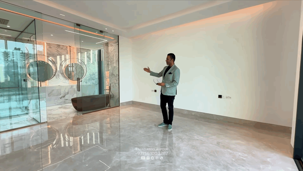 Dubai Hills luxury villa master bedroom with golf and lake view