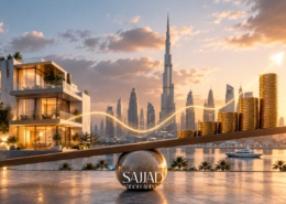 تصویر مفهومی Cash Flow و جریان نقدی مثبت در سرمایه‌گذاری املاک دبی با طراحی سورئال و معماری مدرن
