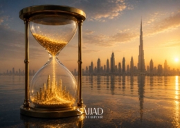 تصویر مفهومی Amortization یا استهلاک وام مسکن در بازار املاک دبی با ساعت شنی کریستالی و ذرات نور طلایی