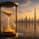 تصویر مفهومی Amortization یا استهلاک وام مسکن در بازار املاک دبی با ساعت شنی کریستالی و ذرات نور طلایی